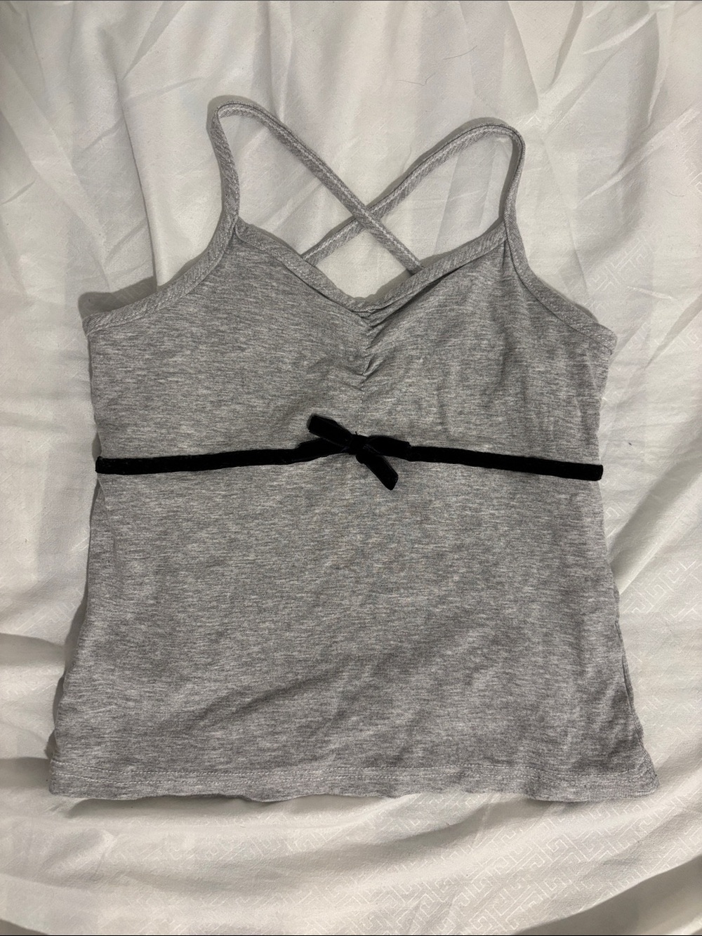 Gray crisscross halter top with black bow